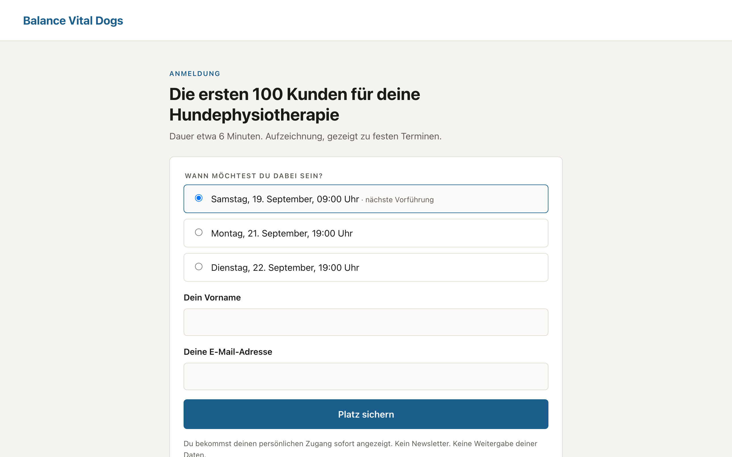 Die Anmeldeseite mit Terminwahl