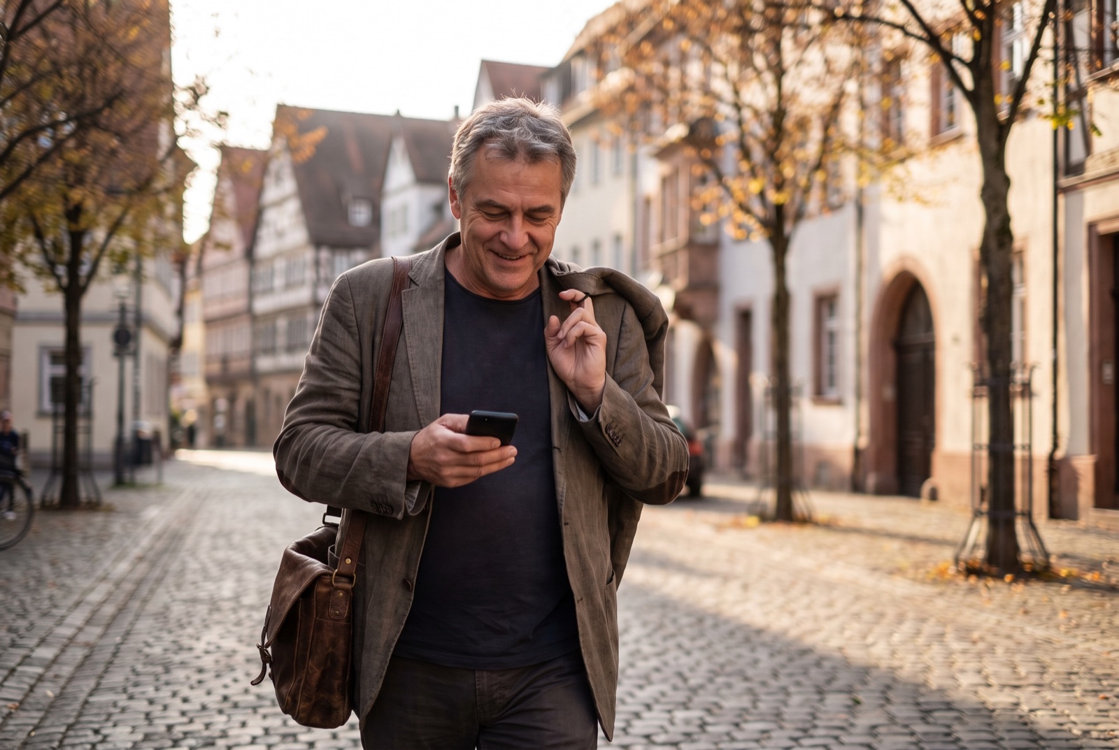 Ein Unternehmer geht am Abend entspannt durch die Stadt und sieht zufrieden auf sein Handy