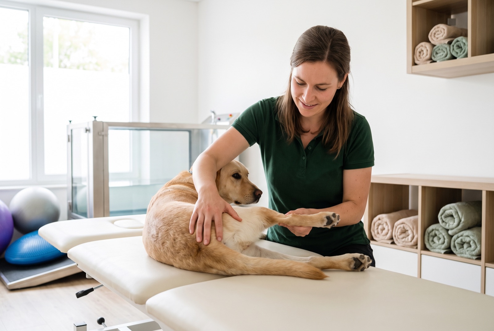 Eine Tierphysiotherapeutin behandelt in ihrer Praxis einen Golden Retriever