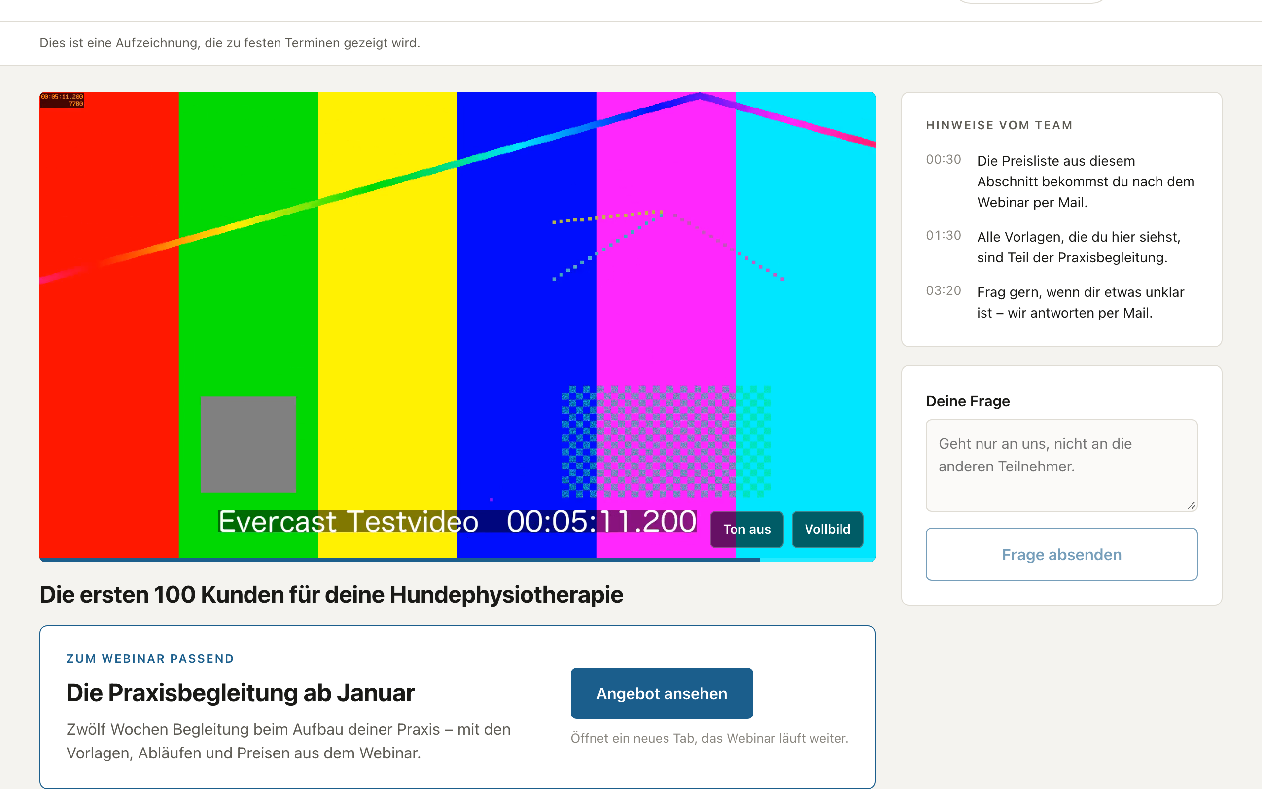 Der Webinar-Raum mit eingeblendetem Angebot